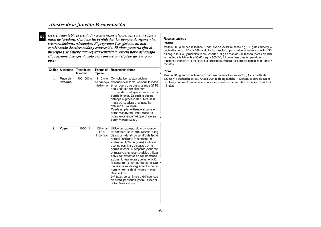 Samsung CE1150-S/XEC manual Ajustes de la función Fermentación, Levadura, Yogur, Recetas básicas Pastel 