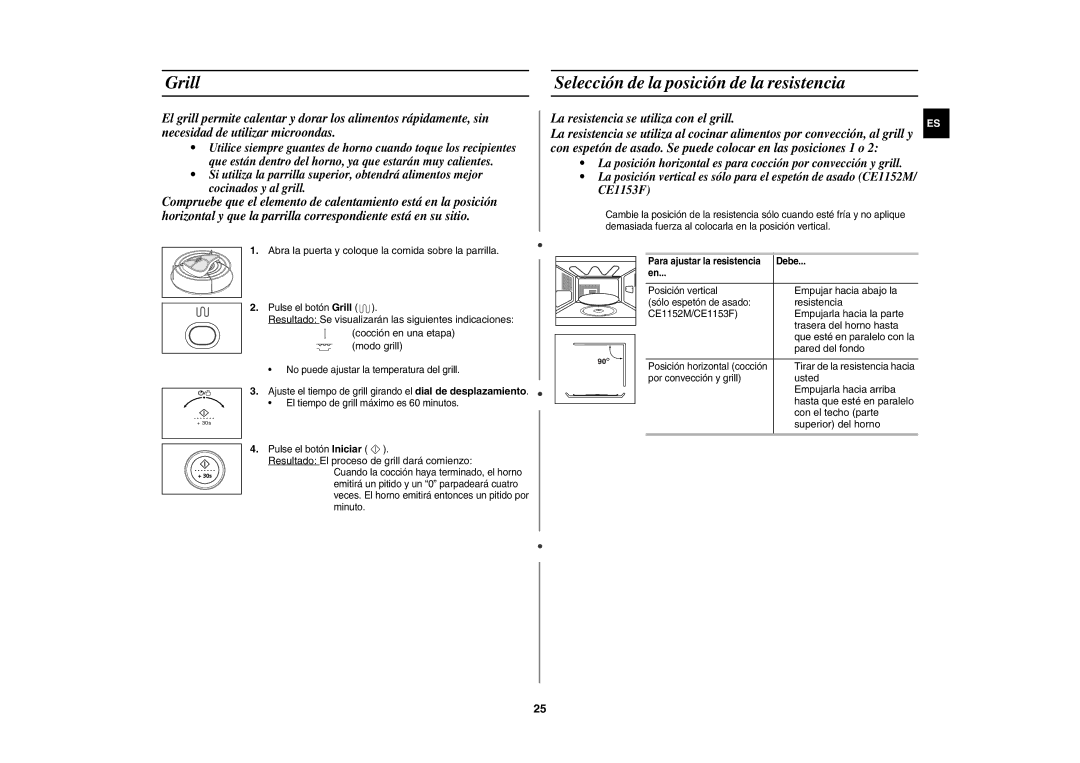 Samsung CE1150-S/XEC manual Grill Selección de la posición de la resistencia 