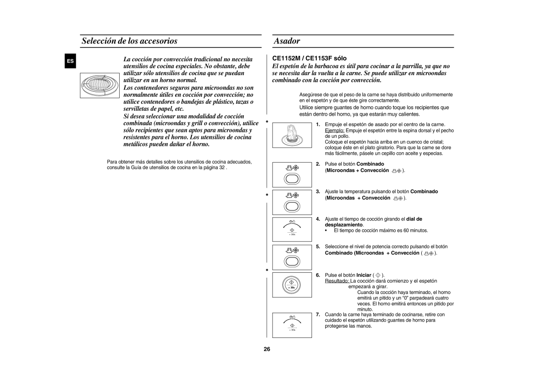 Samsung CE1150-S/XEC manual Selección de los accesorios, Asador, Combinado Microondas + Convección 