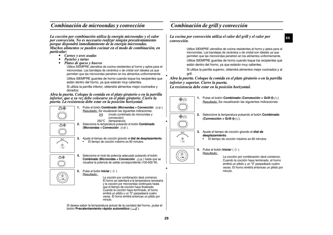 Samsung CE1150-S/XEC manual Pulse el botón Combinado Convección + Grill, Microondas + Convección 