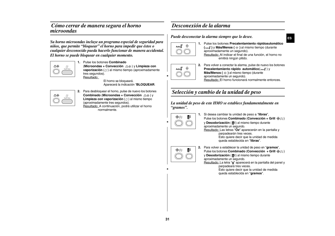 Samsung CE1150-S/XEC manual Cómo cerrar de manera segura el horno microondas, Desconexión de la alarma 