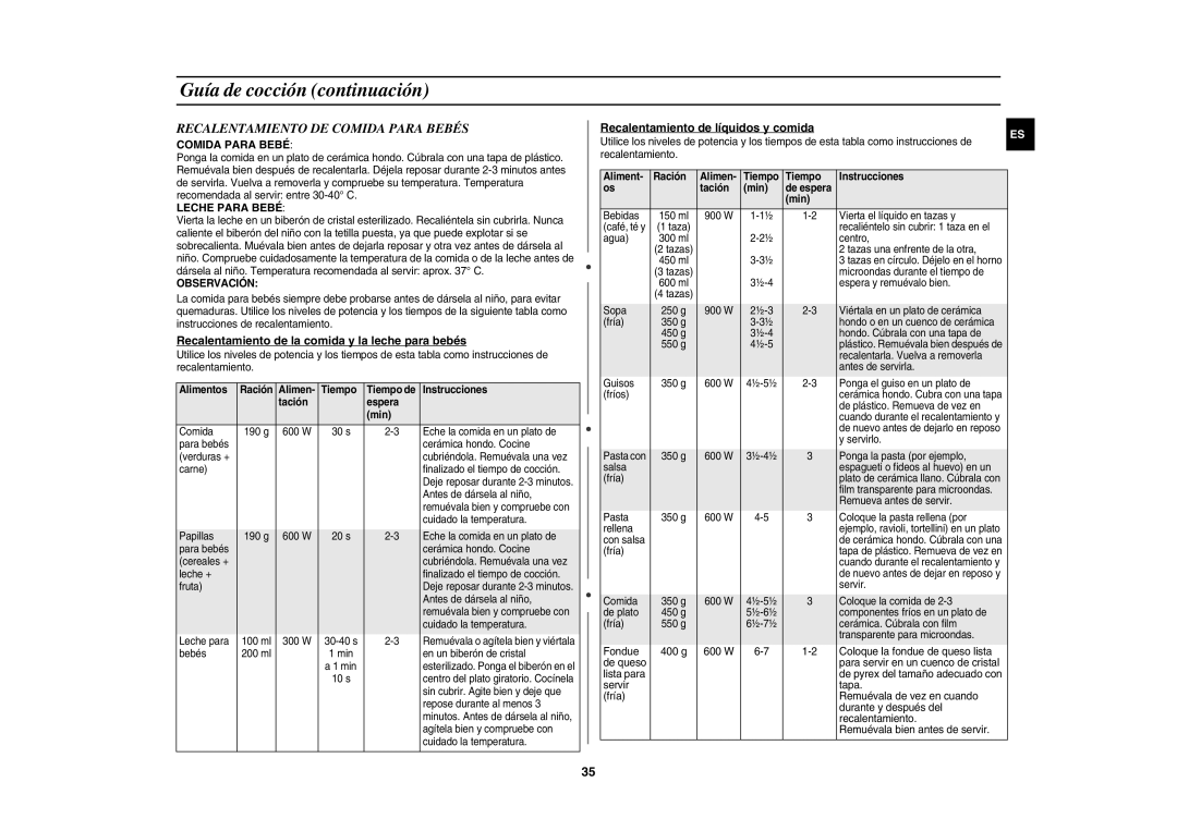 Samsung CE1150-S/XEC manual Recalentamiento DE Comida Para Bebés, Recalentamiento de la comida y la leche para bebés 