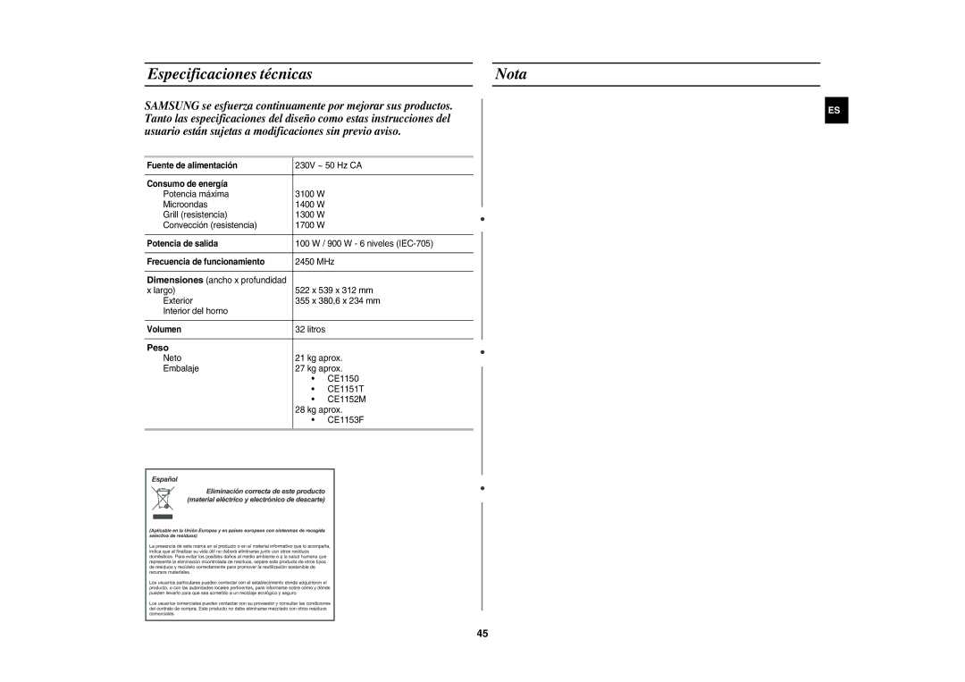 Samsung CE1150-S/XEC manual Especificaciones técnicas Nota, Peso 