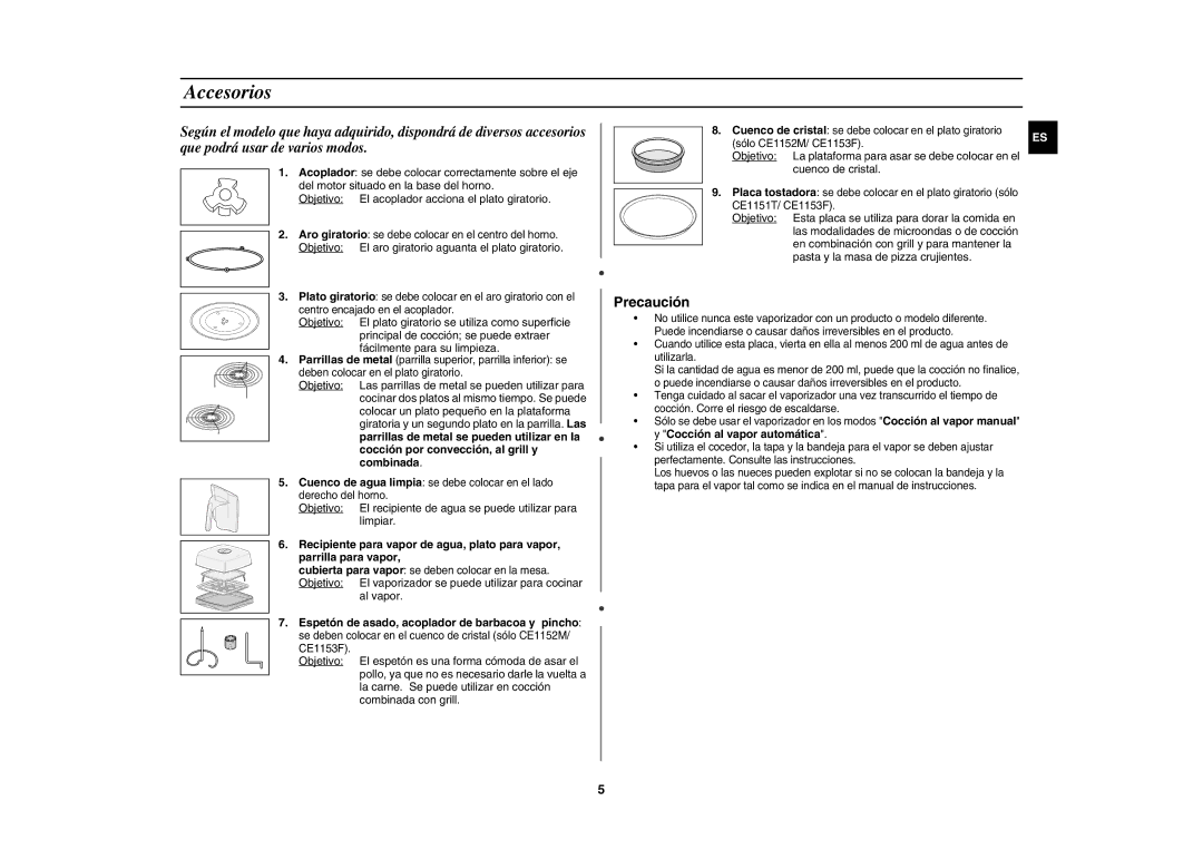 Samsung CE1150-S/XEC manual Accesorios, Objetivo El aro giratorio aguanta el plato giratorio, Cuenco de cristal 