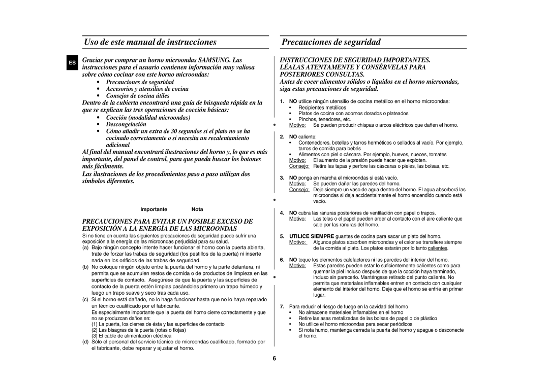 Samsung CE1150-S/XEC manual Importante Nota 