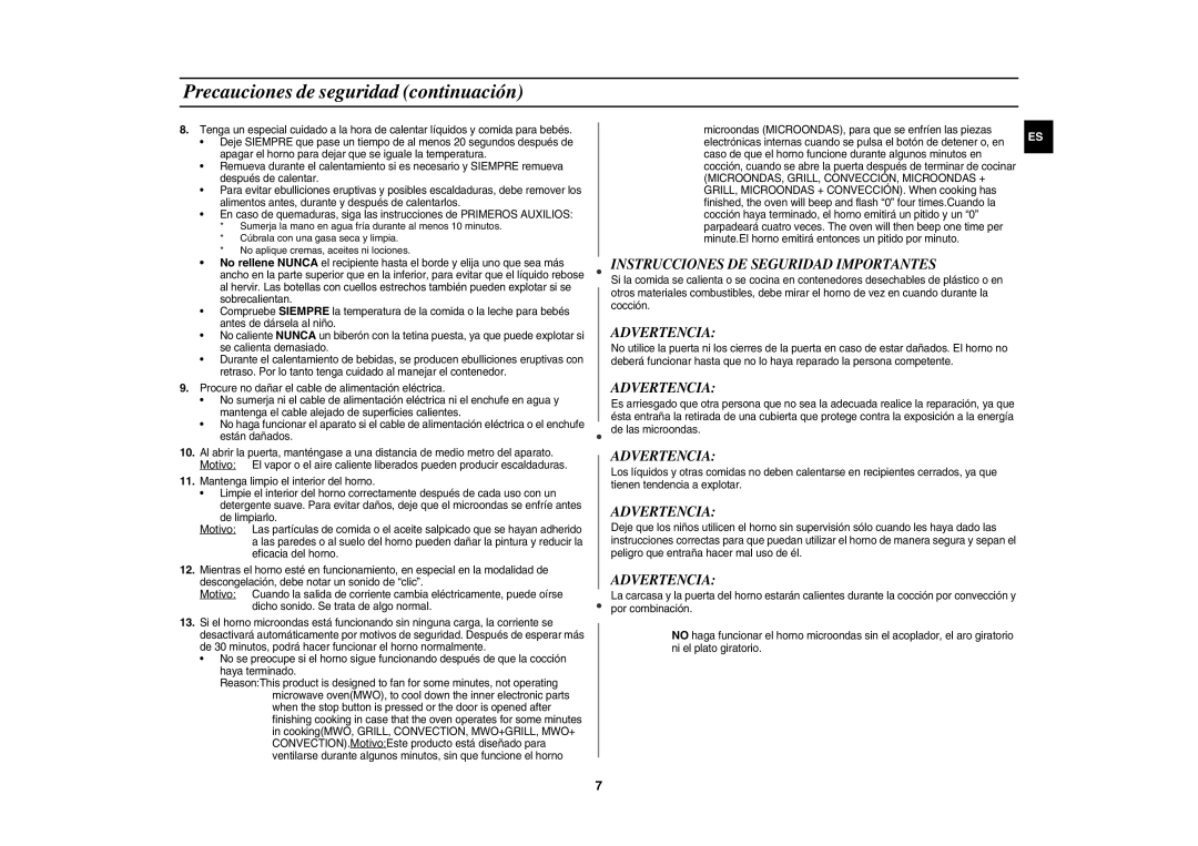 Samsung CE1150-S/XEC manual Precauciones de seguridad continuación, Instrucciones DE Seguridad Importantes, Advertencia 