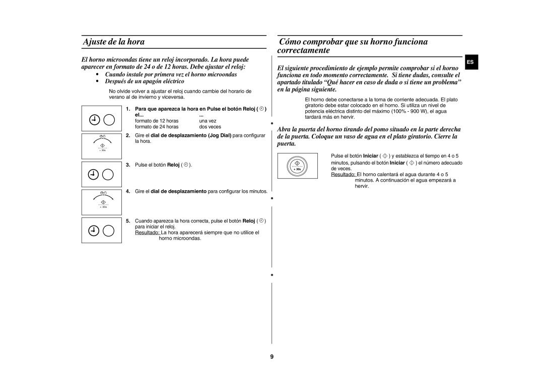 Samsung CE1150-S/XEC manual Ajuste de la hora, Cómo comprobar que su horno funciona correctamente 