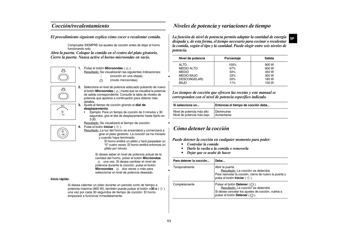 Samsung CE1150-S/XEC manual Cocción/recalentamiento, Cómo detener la cocción, Niveles de potencia y variaciones de tiempo 