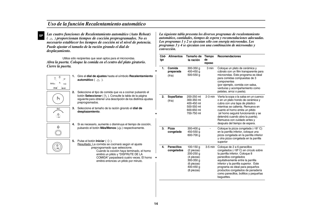 Samsung CE1150-S/XEC manual Uso de la función Recalentamiento automático, Automático, Alimentos 