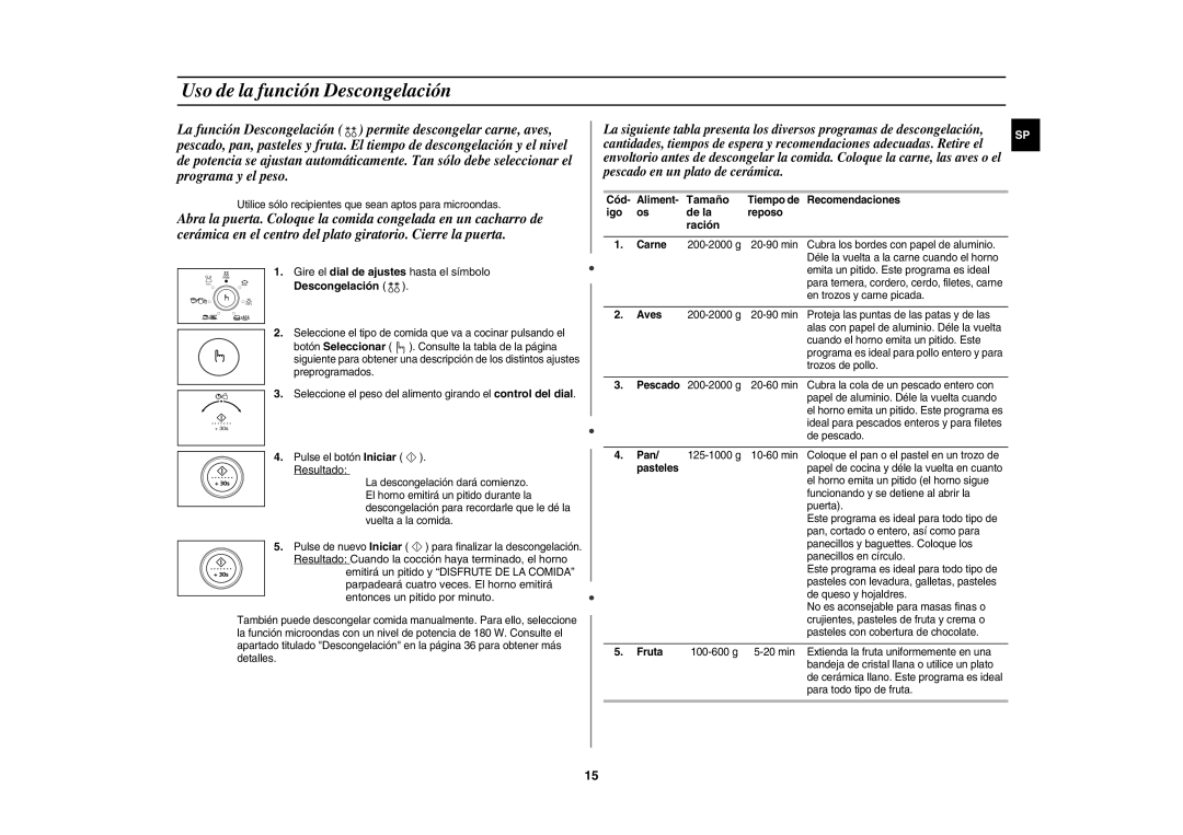 Samsung CE1150-S/XEC manual Uso de la función Descongelación, Tamaño, De la, Ración 