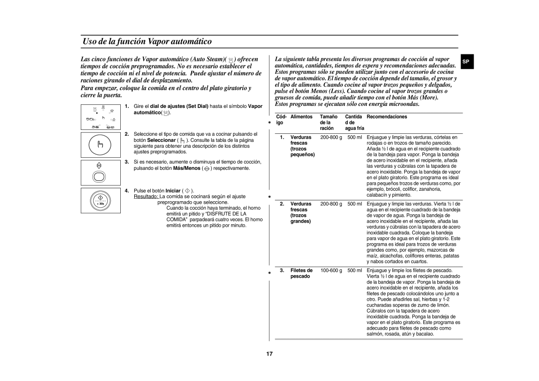 Samsung CE1150-S/XEC manual Uso de la función Vapor automático 