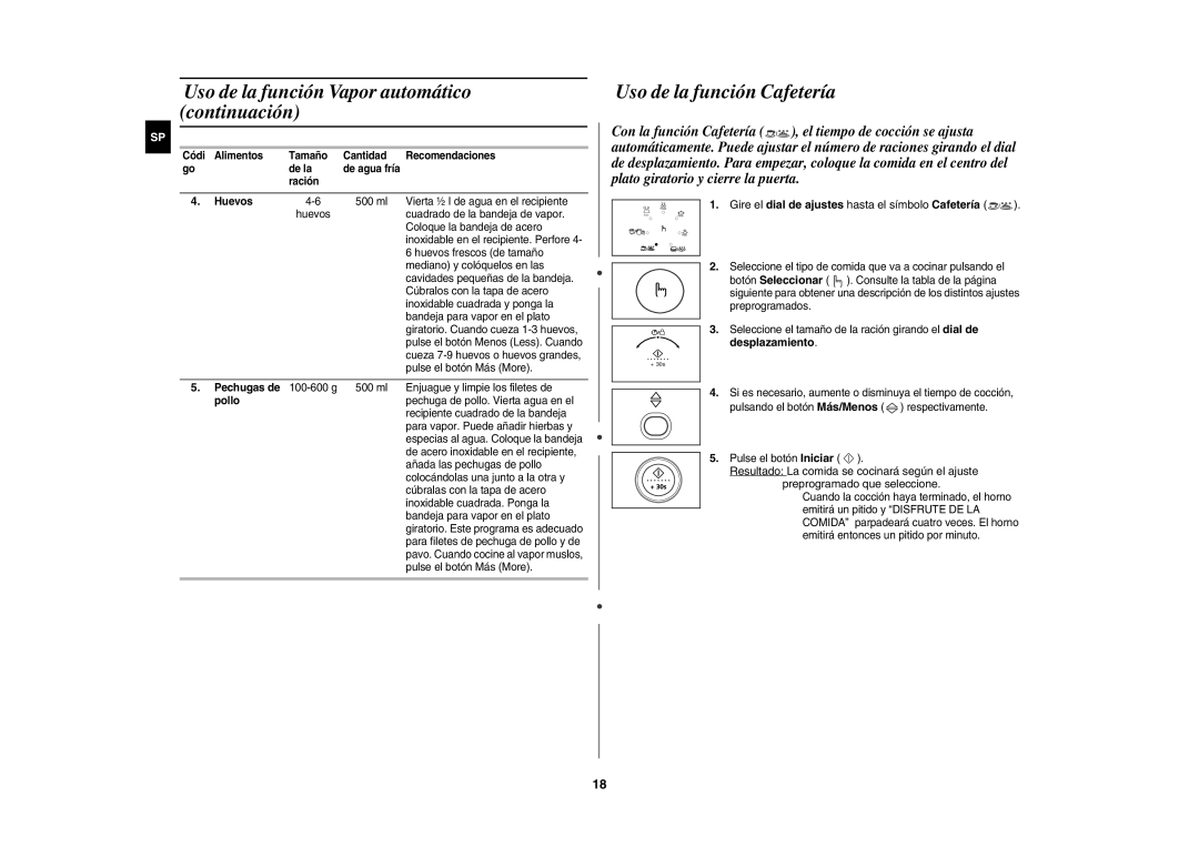 Samsung CE1150-S/XEC manual Uso de la función Vapor automático continuación, Uso de la función Cafetería 