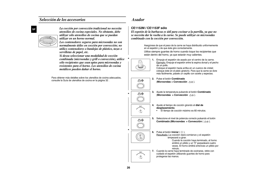 Samsung CE1150-S/XEC manual Selección de los accesorios, Asador, Combinado Microondas + Convección 