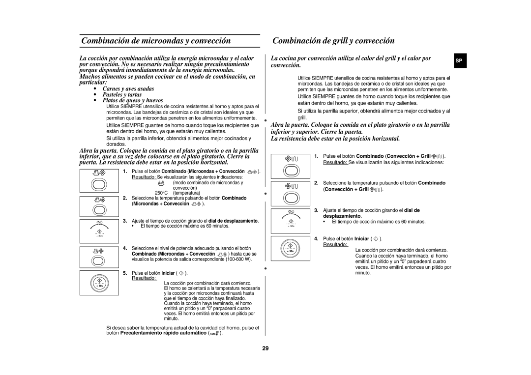 Samsung CE1150-S/XEC manual Combinación de microondas y convección, Combinación de grill y convección, Convección + Grill 