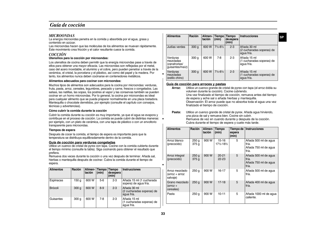 Samsung CE1150-S/XEC manual Microondas, Cocción, Guía de cocción para verduras congeladas 