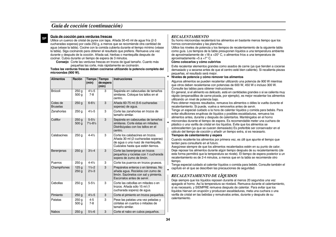 Samsung CE1150-S/XEC Guía de cocción continuación, Recalentamiento DE Líquidos, Guía de cocción para verduras frescas 