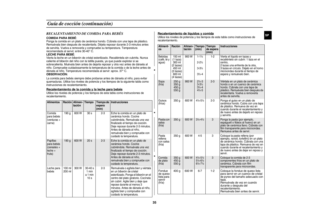 Samsung CE1150-S/XEC manual Recalentamiento DE Comida Para Bebés, Recalentamiento de la comida y la leche para bebés 