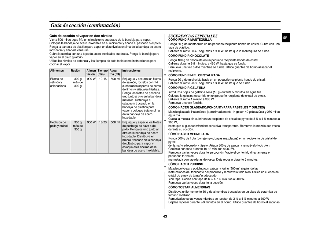 Samsung CE1150-S/XEC manual Sugerencias Especiales, Guía de cocción al vapor en dos niveles 