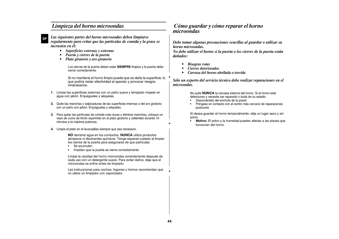 Samsung CE1150-S/XEC manual Limpieza del horno microondas, Cómo guardar y cómo reparar el horno microondas 