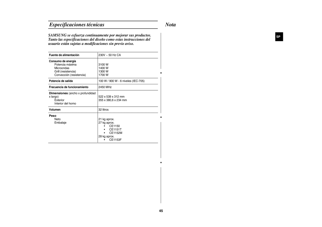 Samsung CE1150-S/XEC manual Especificaciones técnicas Nota, Peso 