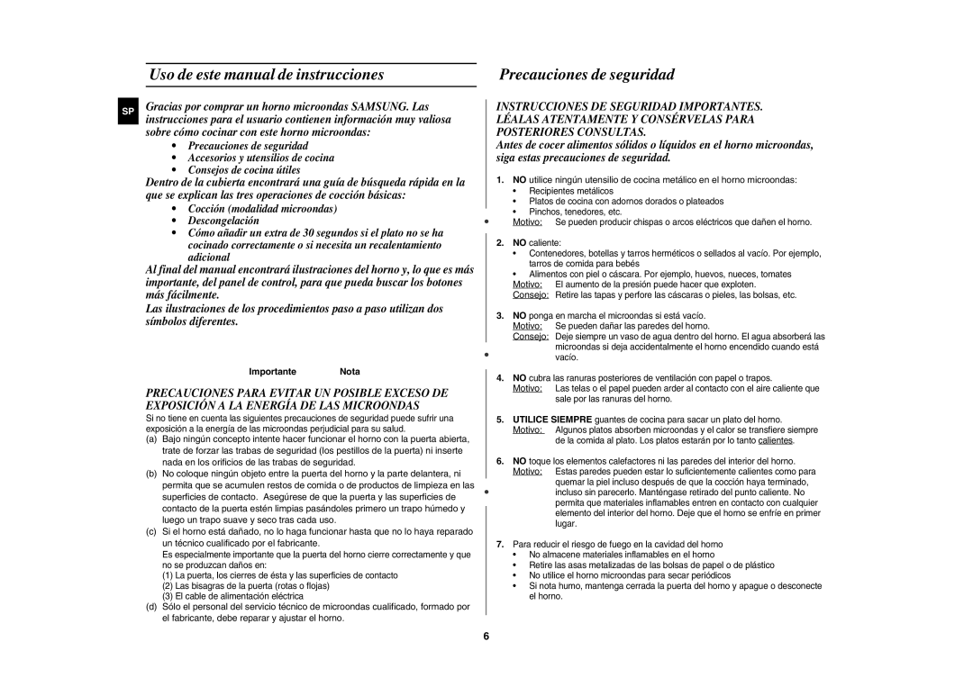 Samsung CE1150-S/XEC Uso de este manual de instrucciones, Importante Nota 