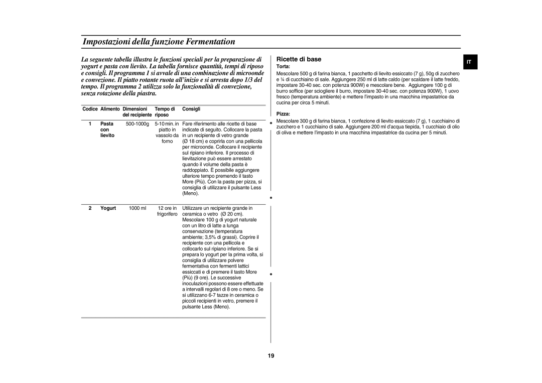 Samsung CE1150-S/XET manual Impostazioni della funzione Fermentation, Riposo Pasta, Con, Lievito, Yogurt 