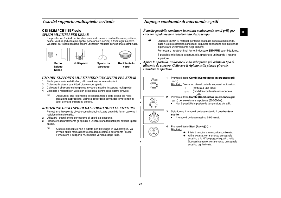Samsung CE1150-S/XET manual Spiedi Multipli PER Kebab, USO DEL Supporto Multispiedo CON Spiedi PER Kebab 