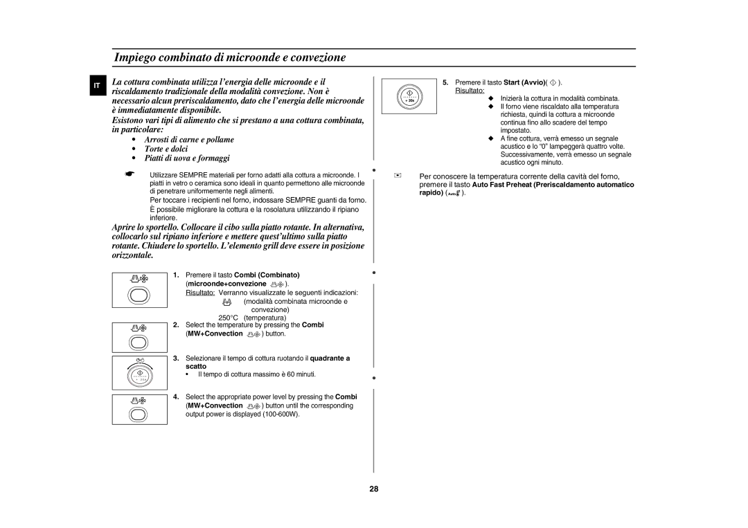 Samsung CE1150-S/XET manual Impiego combinato di microonde e convezione, MW+Convection button 