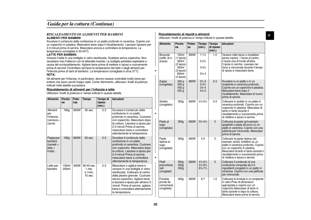 Samsung CE1150-S/XET manual Riscaldamento DI Alimenti PER Bambini, Riscaldamento di alimenti per l’infanzia e latte 