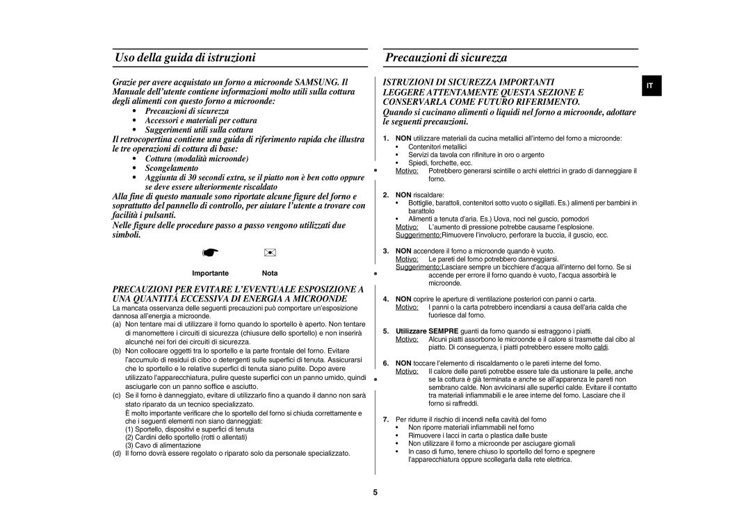 Samsung CE1150-S/XET manual Uso della guida di istruzioni Precauzioni di sicurezza, Importante Nota, Motivo, Forno 