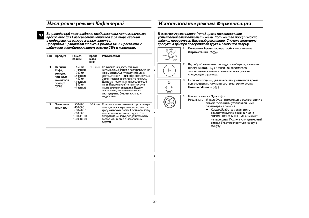 Samsung CE1150R-S/BWT, CE1150R/SBW, CE1150R-S/SBW, CE1150R/BWT Настройки режима Кафетерий, Использование режима Ферментация 