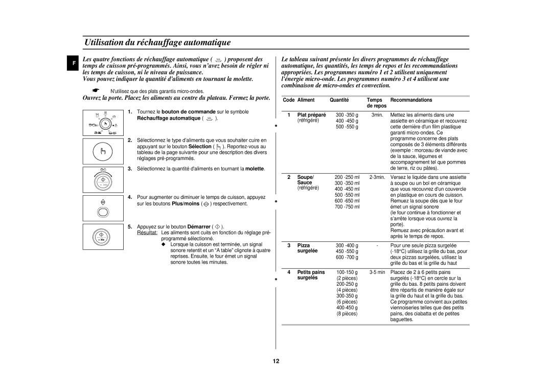 Samsung CE1151T-S/XEN, CE1151T/XEF, CE1151T-S/XEF manual Utilisation du réchauffage automatique, Réchauffage automatique 