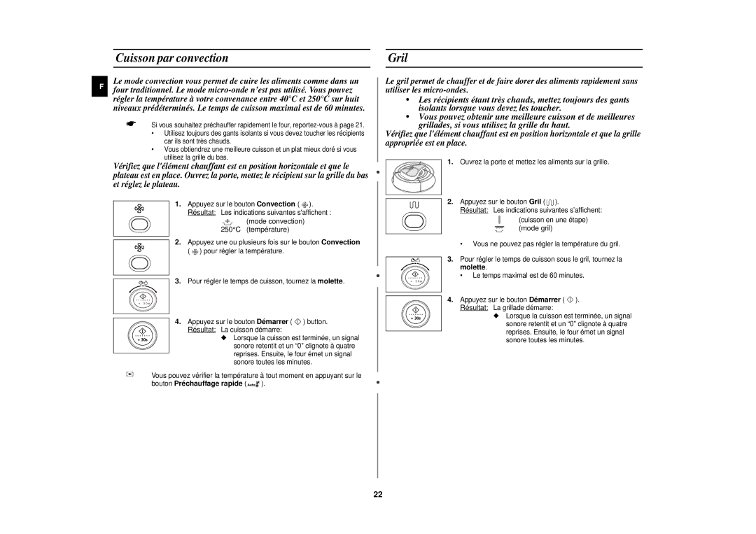 Samsung CE1151T/XEF manual Cuisson par convection, Gril, Mode convection 250C température, Bouton Préchauffage rapide 