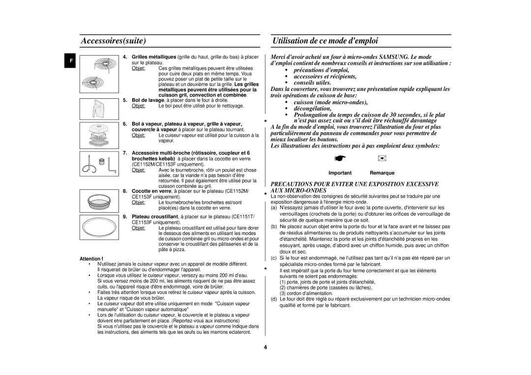 Samsung CE1151T/XEF, CE1151T-S/XEN Accessoiressuite, Utilisation de ce mode demploi, Cuisson gril, convection et combinée 