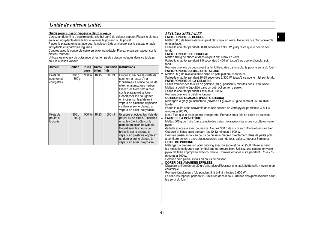 Samsung CE1151T-S/XEF, CE1151T-S/XEN, CE1151T/XEF manual Astuces Speciales, Guide pour cuisson vapeur à deux niveaux 