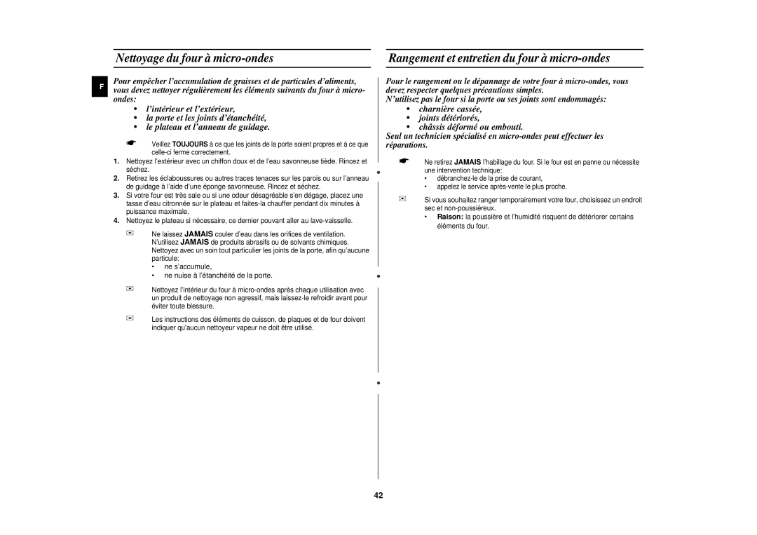 Samsung CE1151T-S/XEN, CE1151T/XEF manual Nettoyage du four à micro-ondes, Rangement et entretien du four à micro-ondes 