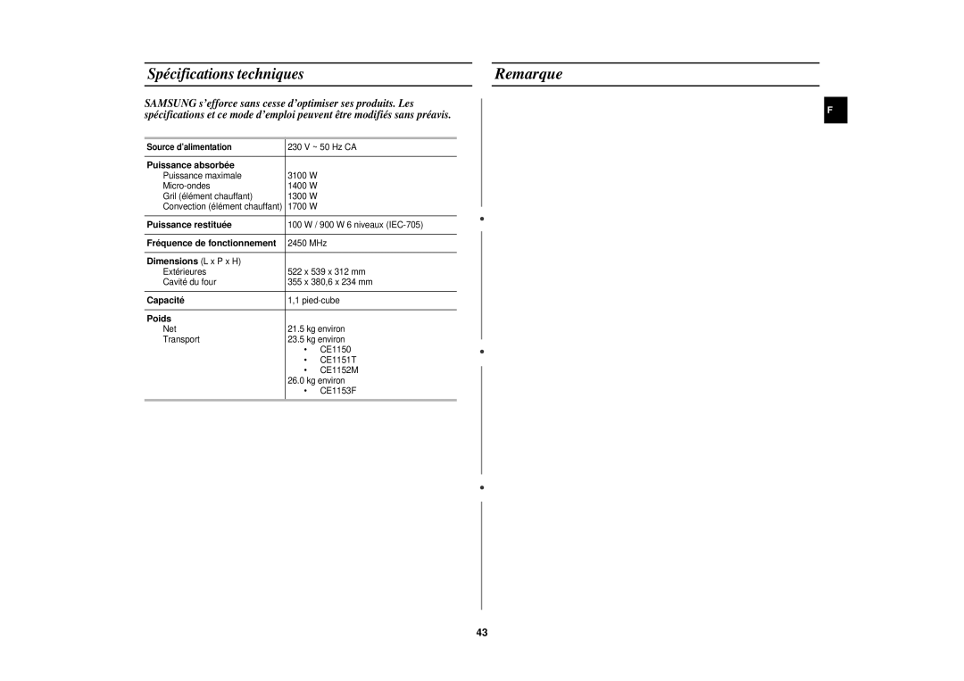 Samsung CE1151T/XEF, CE1151T-S/XEN, CE1151T-S/XEF manual Spécifications techniquesRemarque 