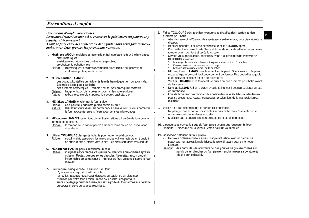 Samsung CE1151T-S/XEF, CE1151T-S/XEN, CE1151T/XEF manual Précautions demploi, NE réchauffez Jamais 