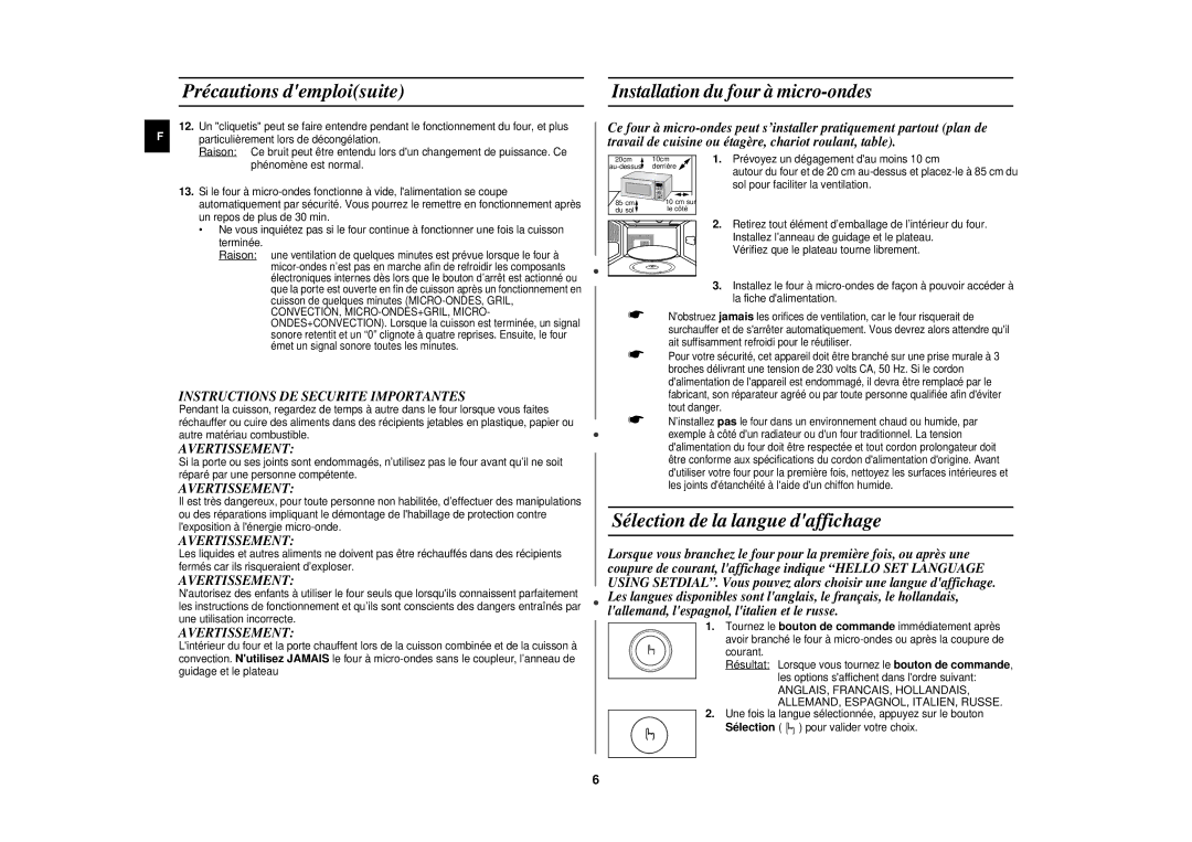 Samsung CE1151T-S/XEN Précautions demploisuite, Sélection de la langue daffichage, Installation du four à micro-ondes 