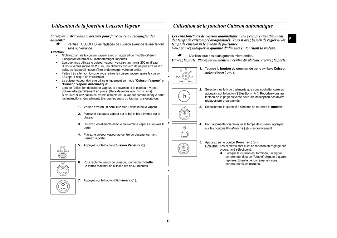 Samsung CE1151T/XEF Utilisation de la fonction Cuisson Vapeur, Utilisation de la fonction Cuisson automatique, Automatique 