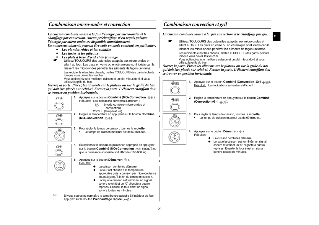 Samsung CE1151T/XEF, CE1151T-S/XEN manual Mode combiné micro-ondes et convection 250C température, Convection+Gril 