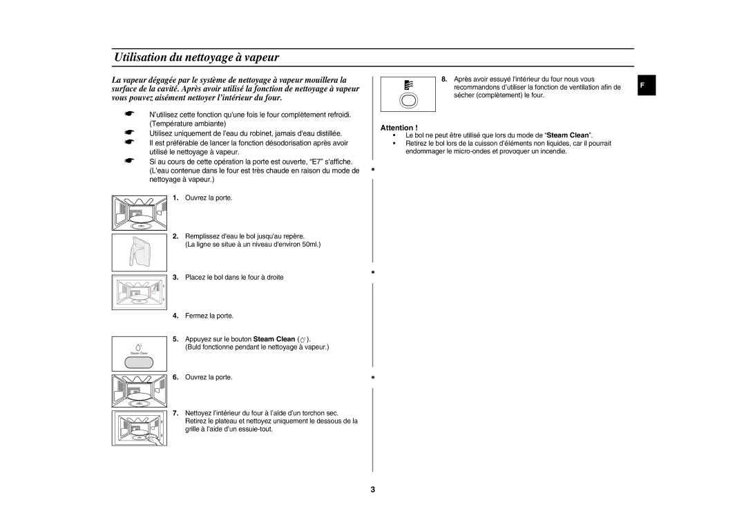 Samsung CE1151T/XEF, CE1151T-S/XEN manual Utilisation du nettoyage à vapeur 