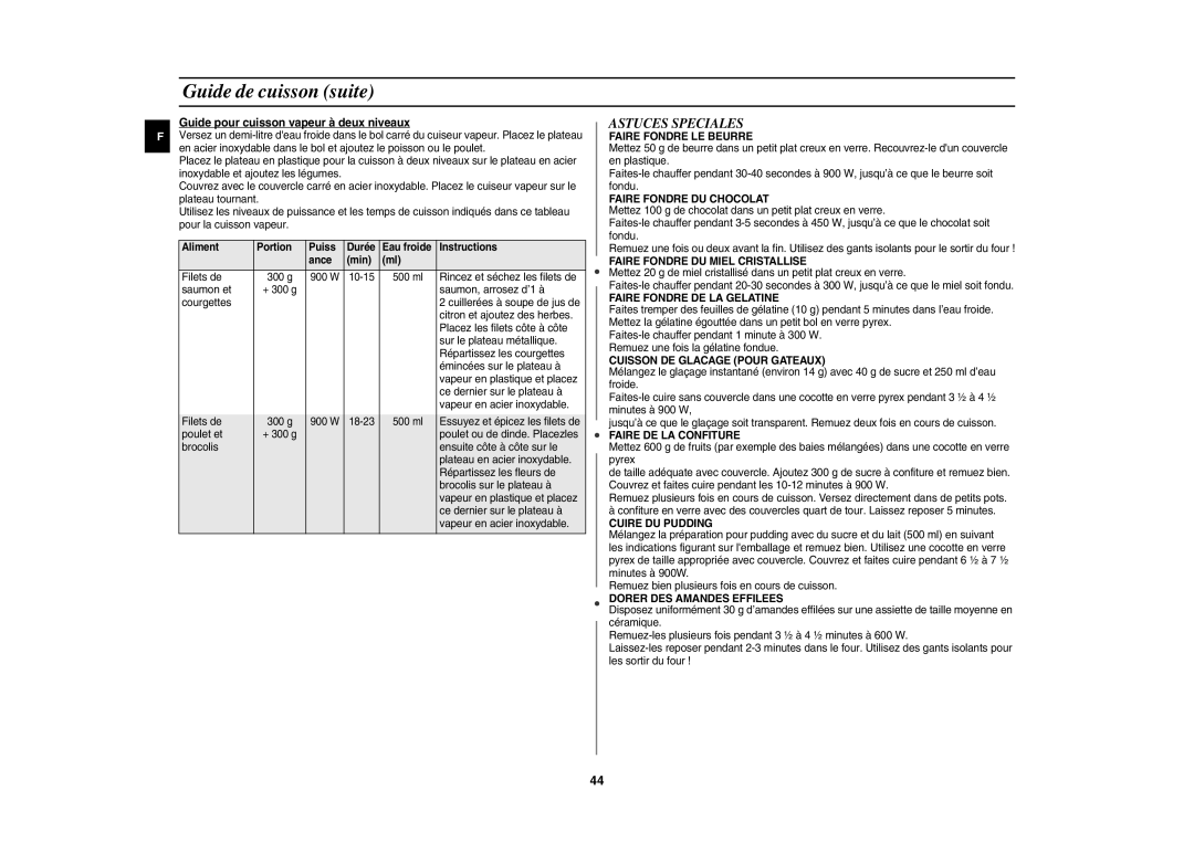 Samsung CE1151T-S/XEN, CE1151T/XEF manual Astuces Speciales, Guide pour cuisson vapeur à deux niveaux 