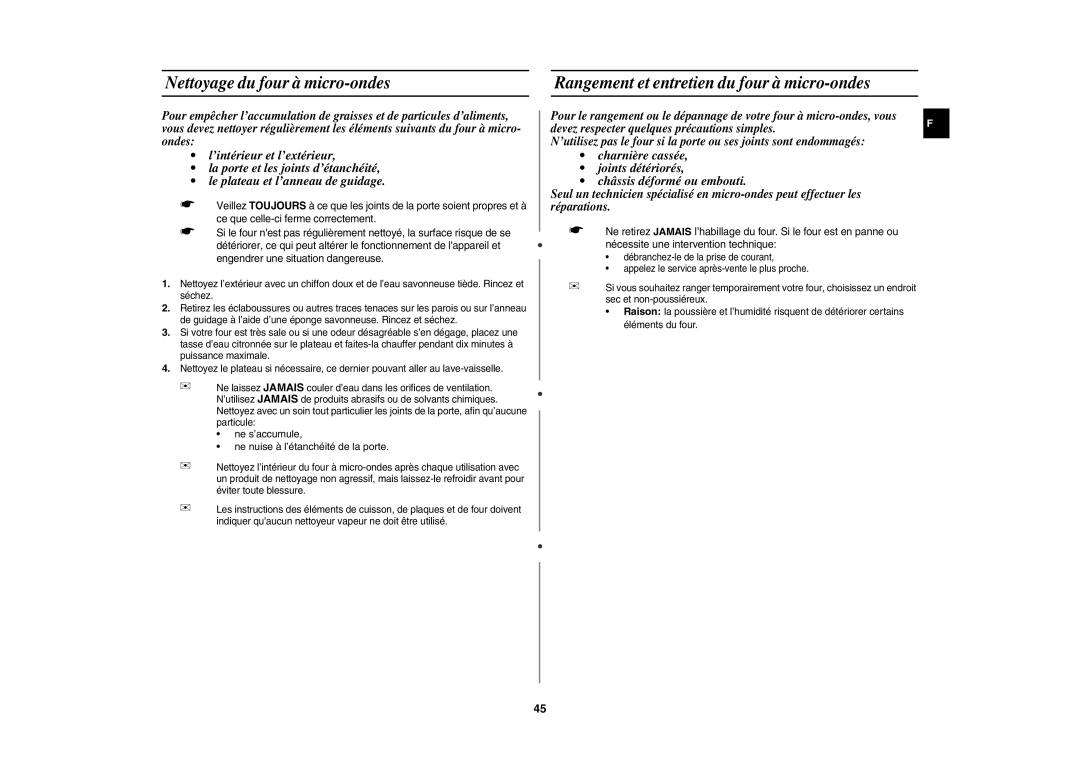 Samsung CE1151T/XEF, CE1151T-S/XEN manual Nettoyage du four à micro-ondes, Rangement et entretien du four à micro-ondes 