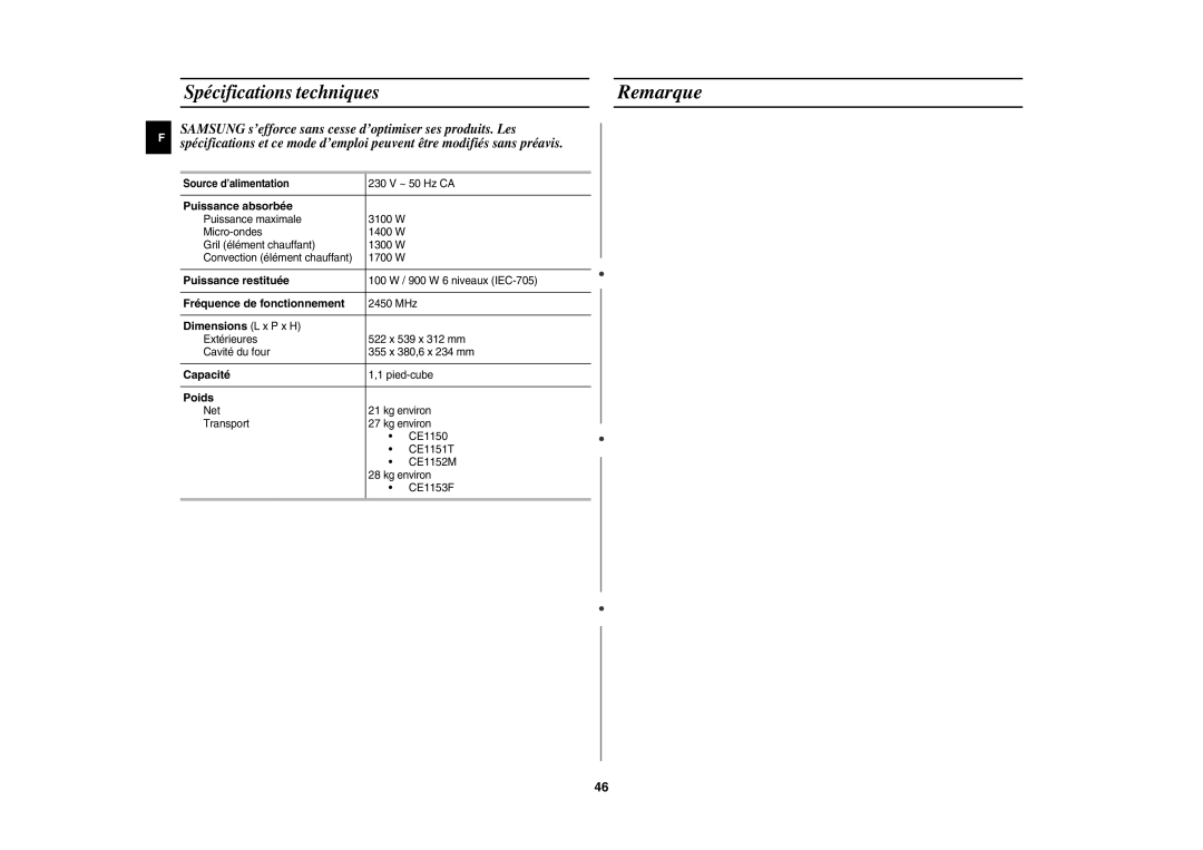 Samsung CE1151T-S/XEN, CE1151T/XEF manual Remarque, Spécifications techniques 