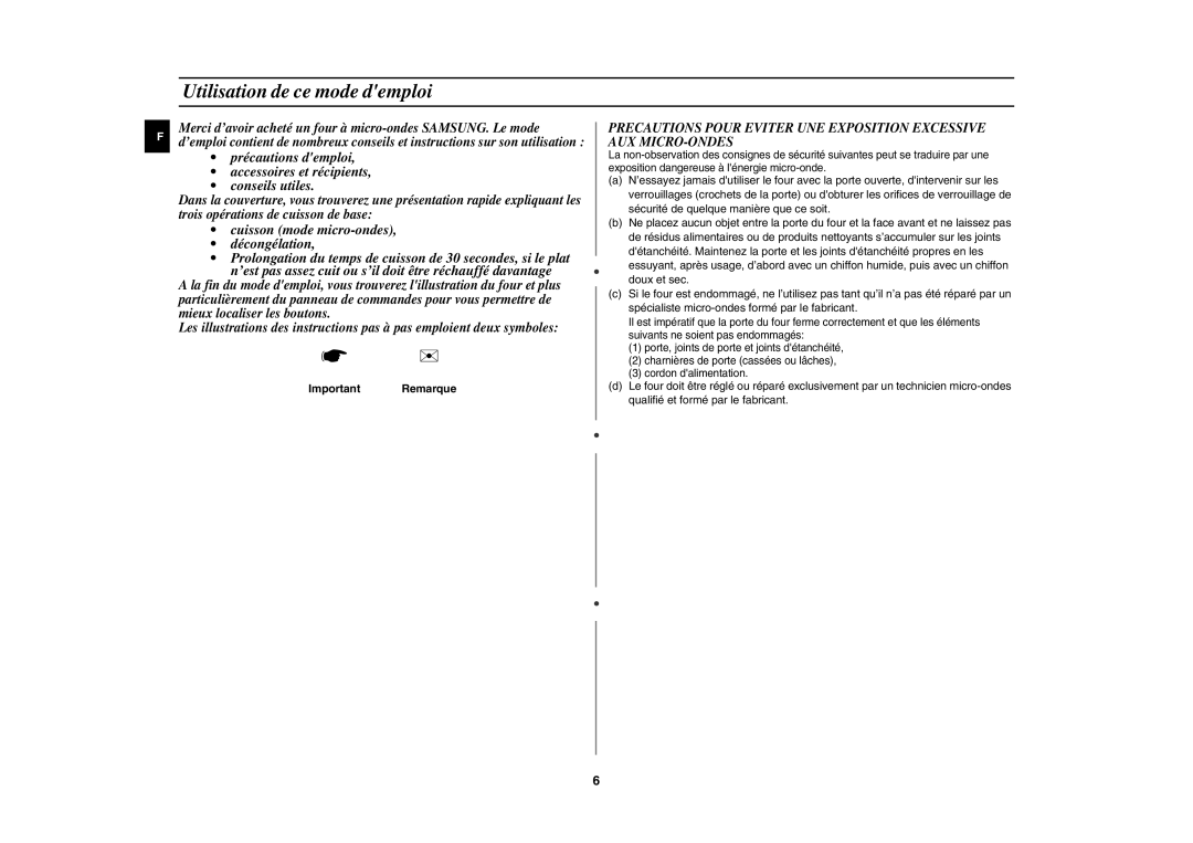 Samsung CE1151T-S/XEN, CE1151T/XEF manual Utilisation de ce mode demploi, Important Remarque 