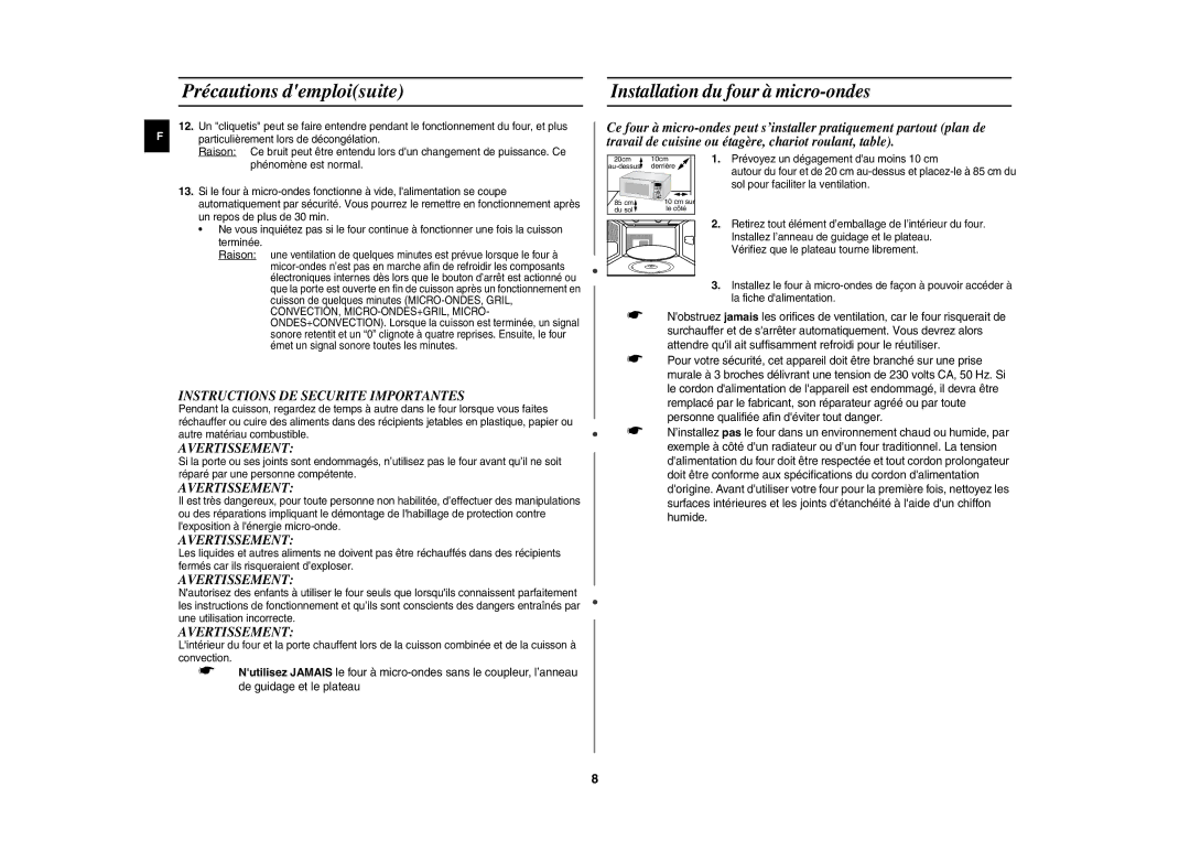Samsung CE1151T-S/XEN Précautions demploisuite, Installation du four à micro-ondes, Instructions DE Securite Importantes 