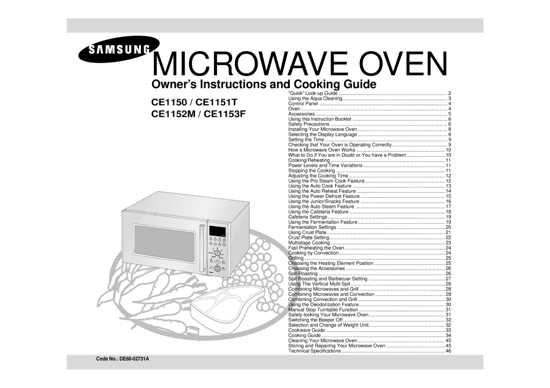 Samsung CE1151T/ELE, CE1151T/LIB, CE1151T-S/ELE, CE1151T-S/XEH manual Microwave Oven, Code No. DE68-02731A 