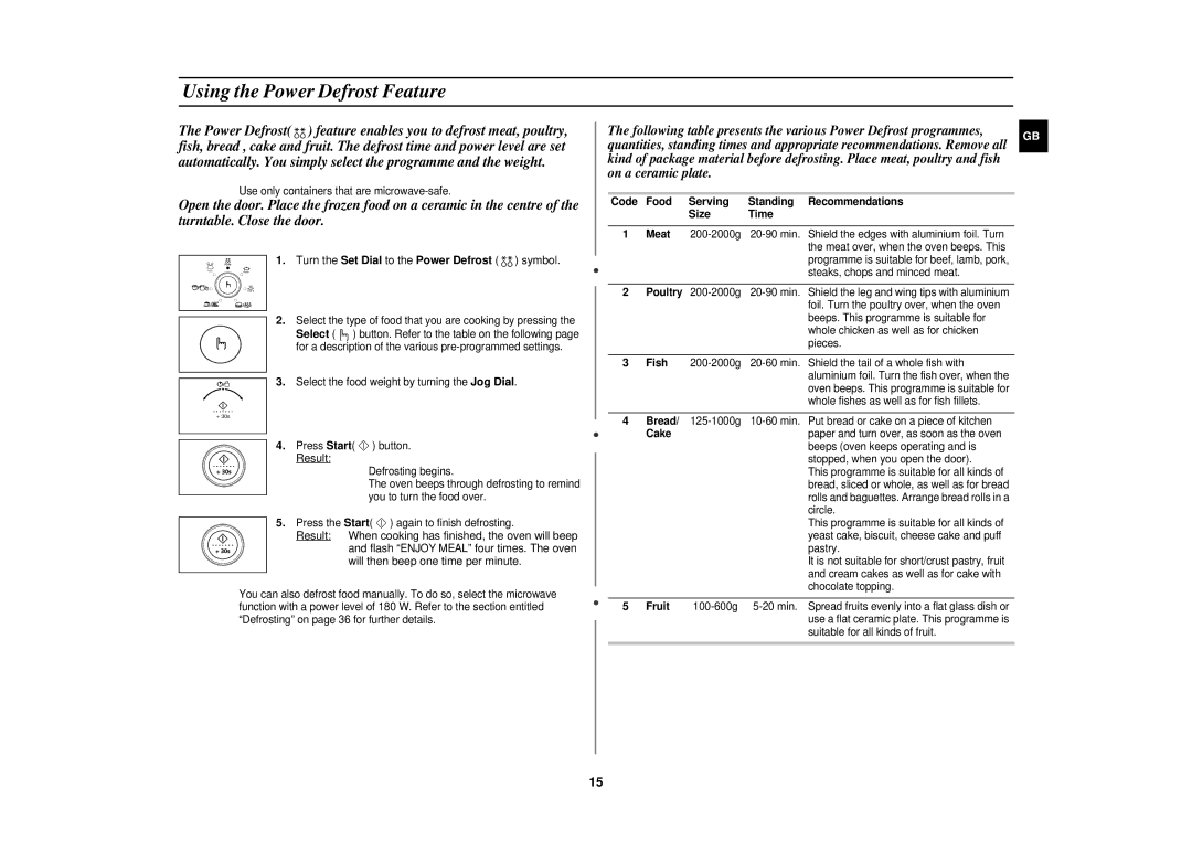 Samsung CE1151T-S/XEH manual Using the Power Defrost Feature, Serving, Size, Turn the Set Dial to the Power Defrost symbol 