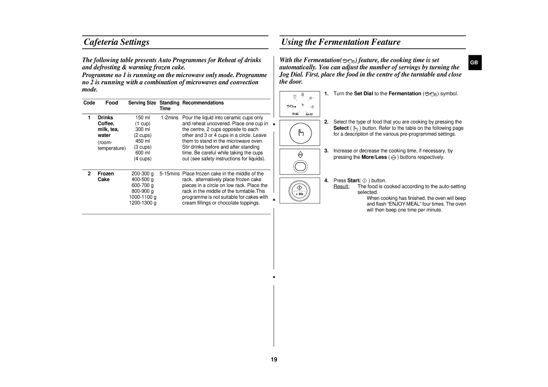 Samsung CE1151T-S/XEH manual Cafeteria Settings Using the Fermentation Feature, Time Drinks, Coffee, Milk, tea, Water 